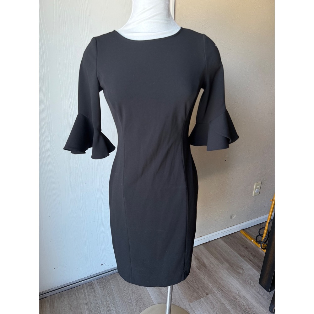 DKNY Black Bell Sleeve Sheath Dress Tiered Cuff Stretch Crepe Size 2